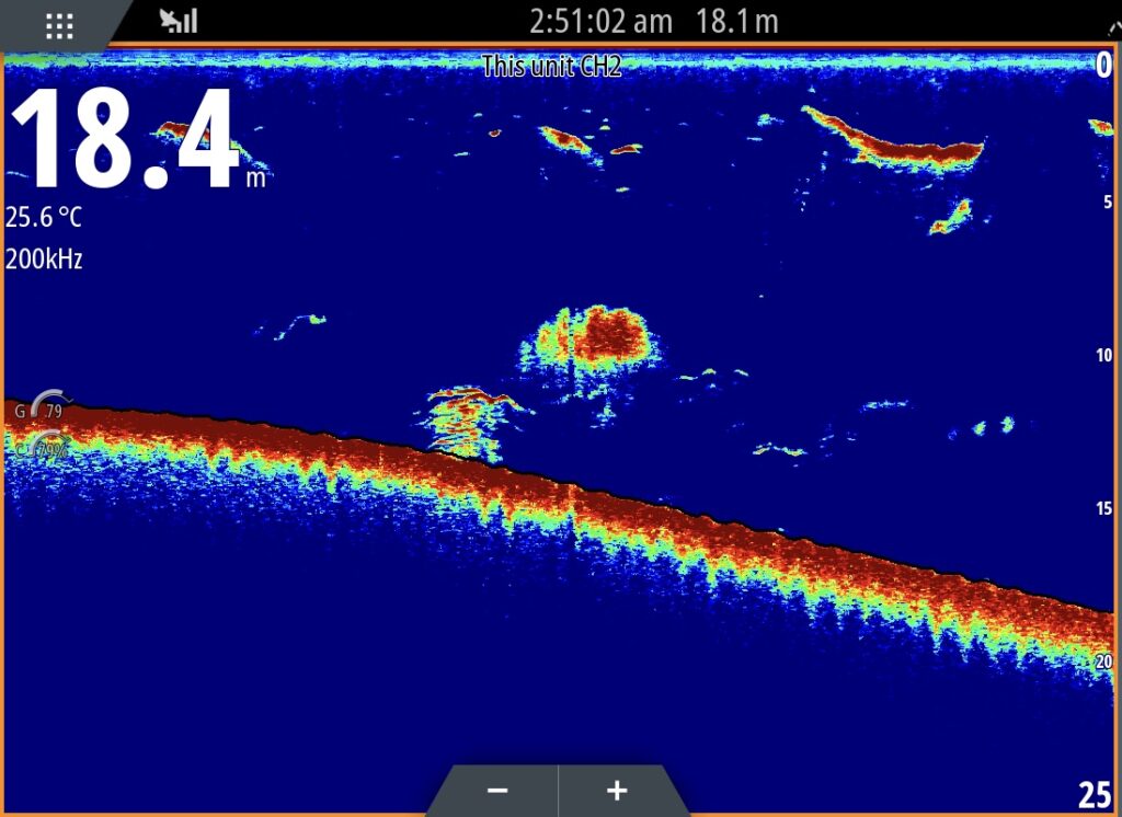Traditional Sonar is a screen you MUST have on your sounder screen! Marking bait along edges is a good sign which can lead to the predators not being too far away. This image is from a Lowrance HDS Pro.
