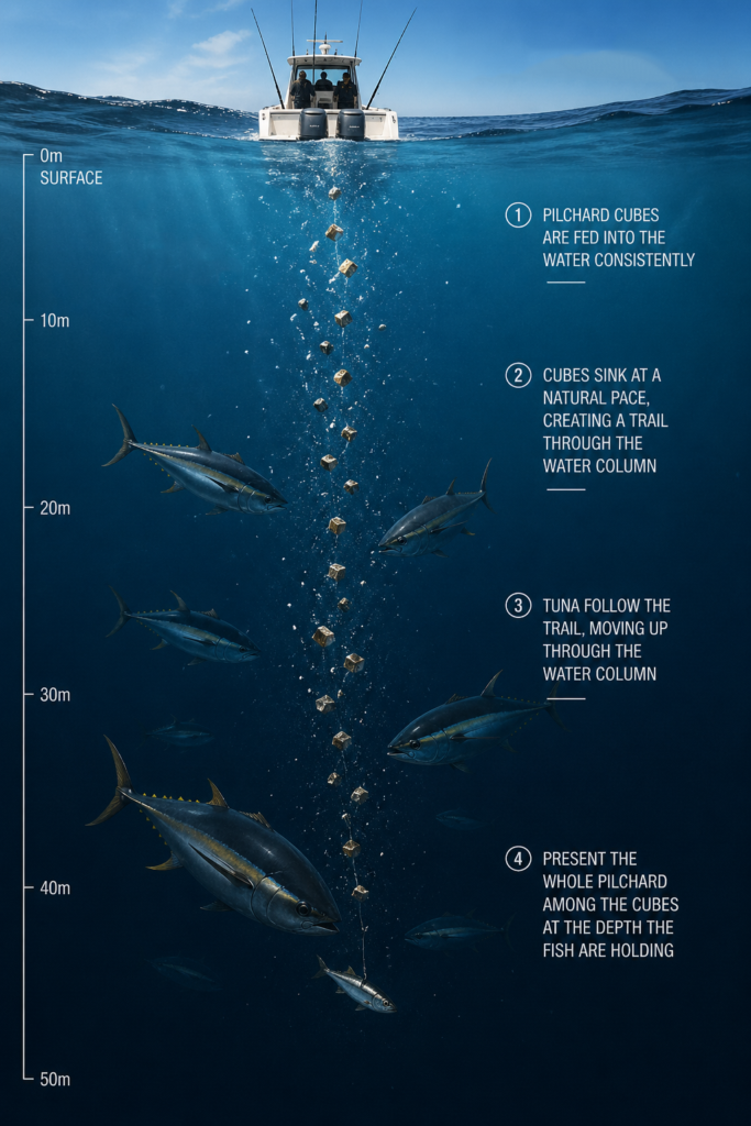 This image demonstrates the process of cubing for tuna.