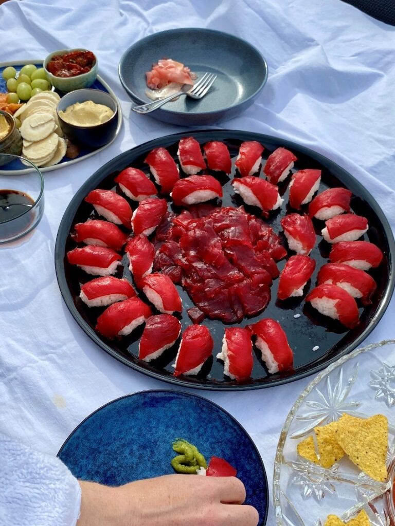 Platter of tuna nigiri made from dry aged southern bluefin tuna